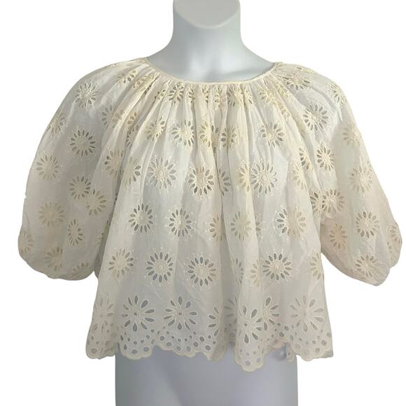 Madewell Embroidered Shirred Puff-Sleeve Eyelet Off White Top M Medium New - Picture 2 of 9